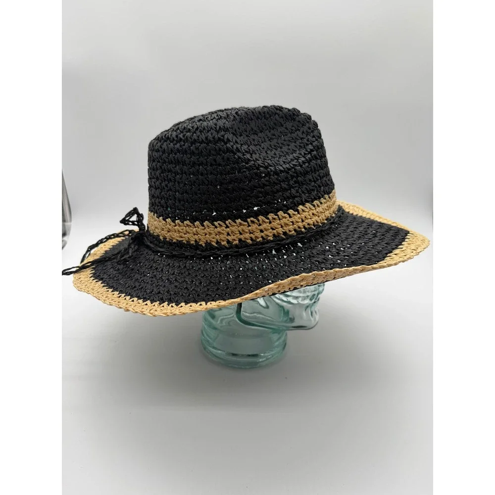 Something Special Black Straw Sun Hat Tan Trim Paper Fedora S/M Small Medium